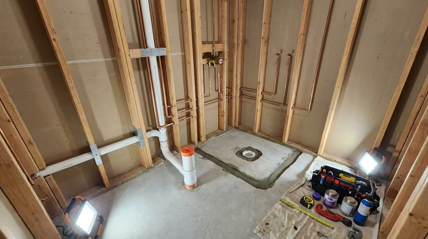 Bathroom rough-in plumbing during remodel by Johns Plumbing LLC in Descanso