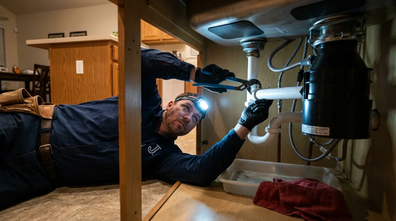 P-trap and supply line connections under a kitchen sink showing a common leak point in Descanso, CA